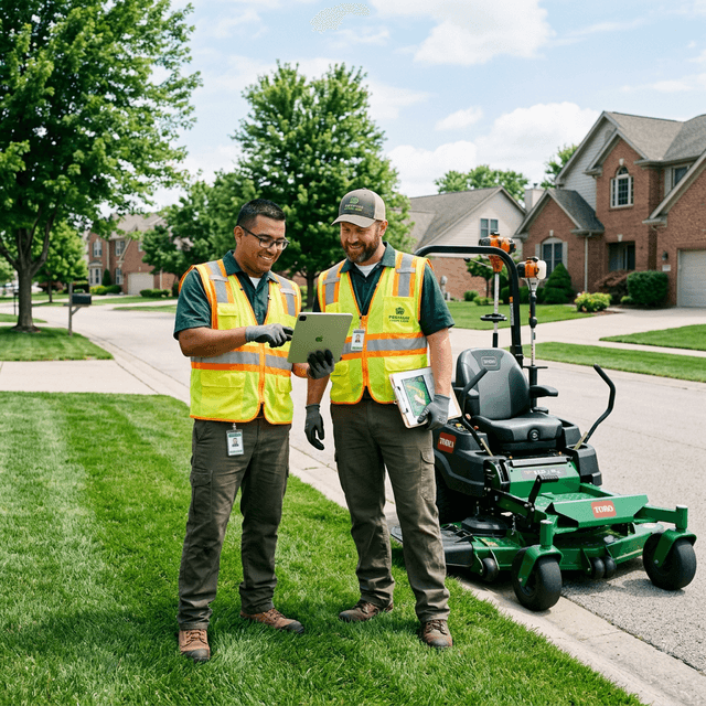 Lawn care professionals with equipment